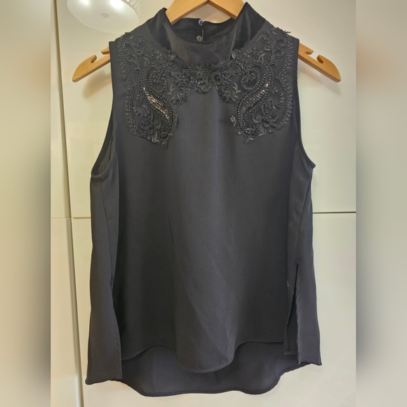 ZARA Medium Black Velvet High Neck Lace Beaded Embellished Sleeveless Swing Top - Picture 2 of 11